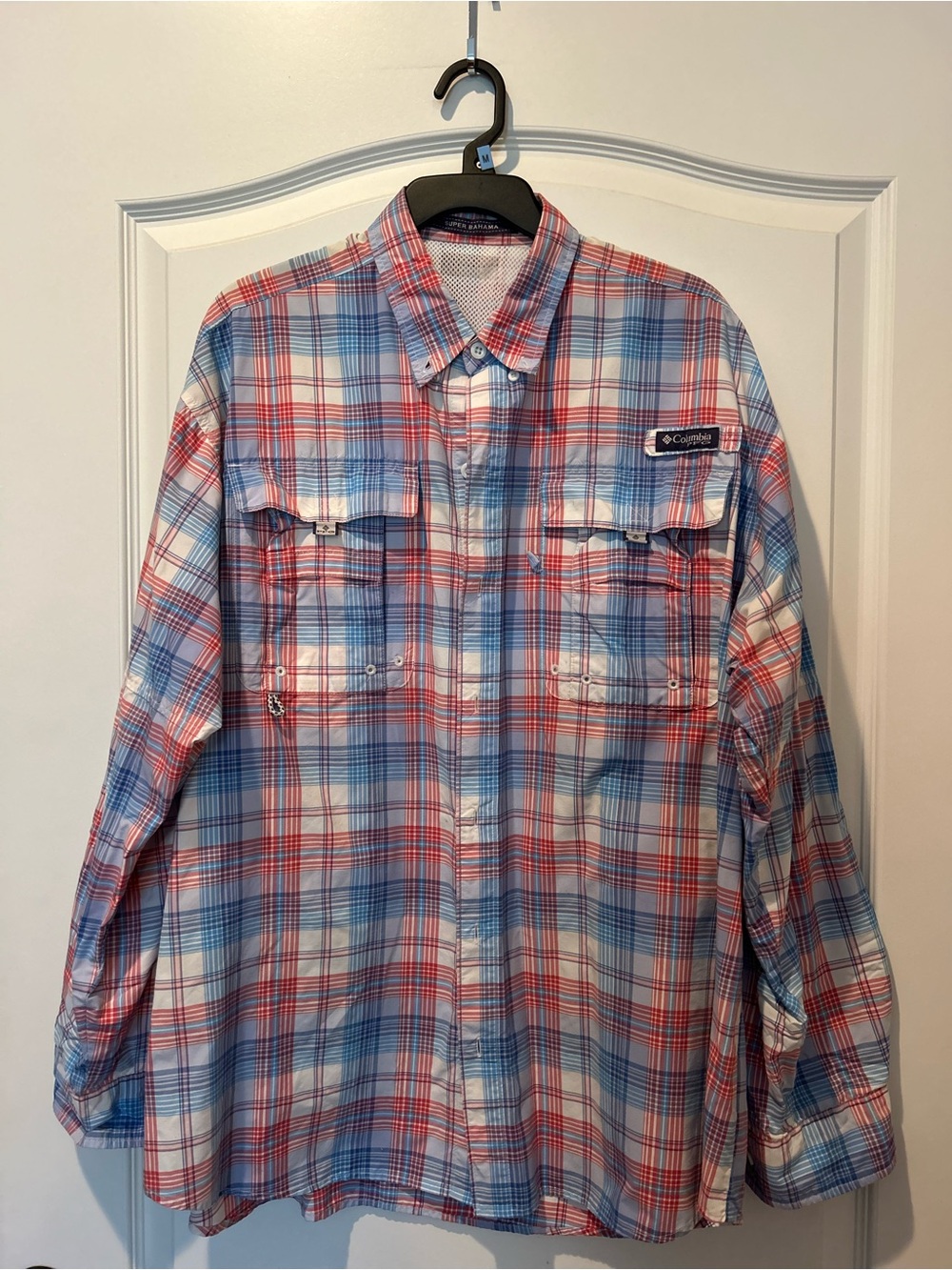 Columbia Men's Red, Blue & White Plaid PFG Button-Down Shirt Sz XL